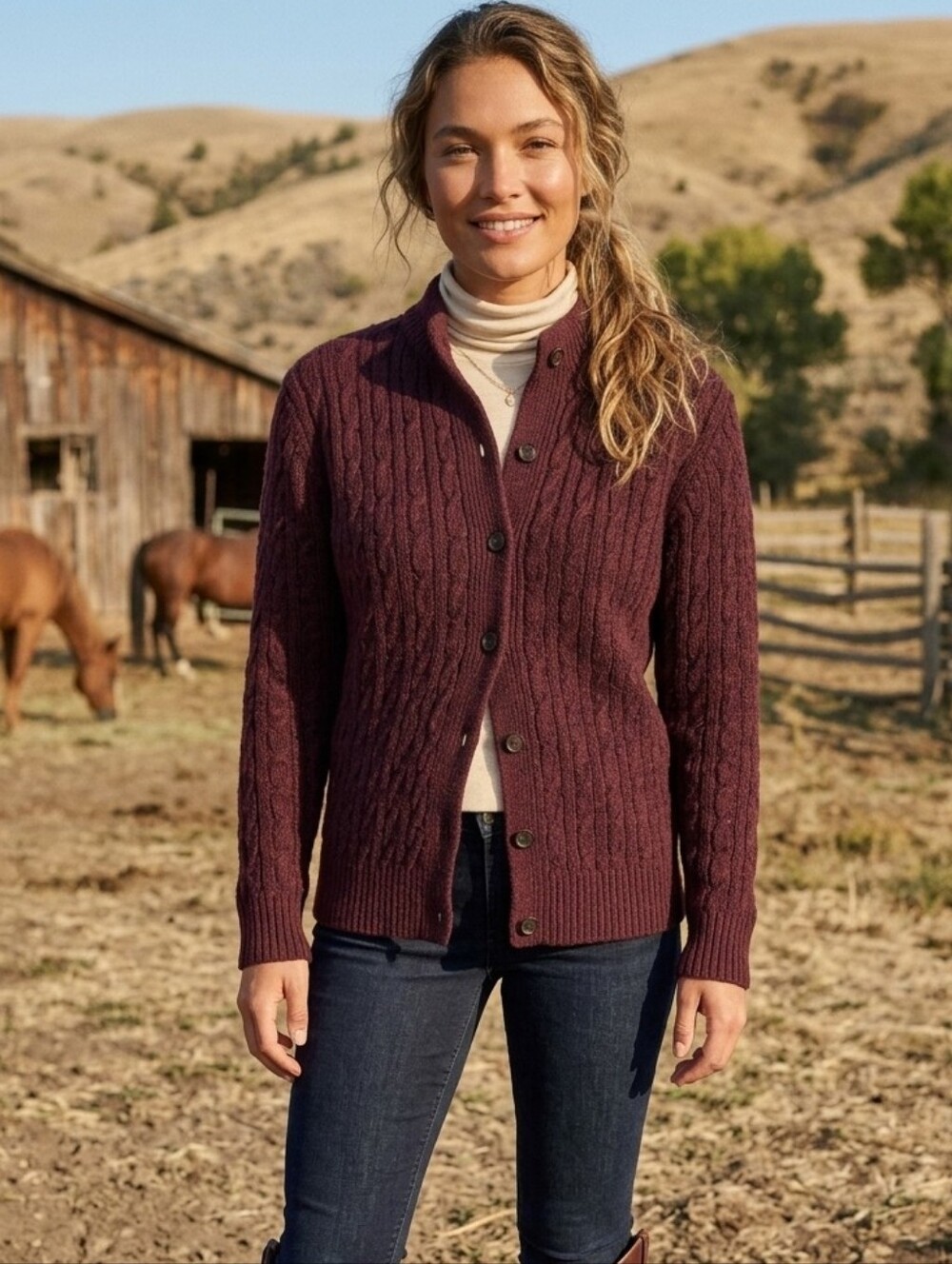 LL BEAN 100% Cotton Cable Knit Cardigan Sweater Burgundy | M